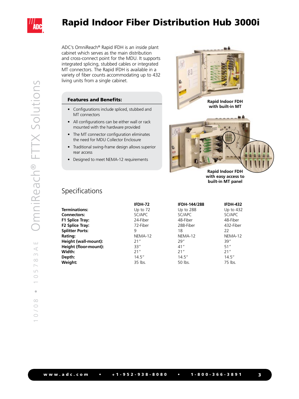 Omnireach, Fttx solutions, Rapid indoor fiber distribution hub 3000i | Specifications | ADC OmniReach MDU Rapid Fiber System User Manual | Page 3 / 8