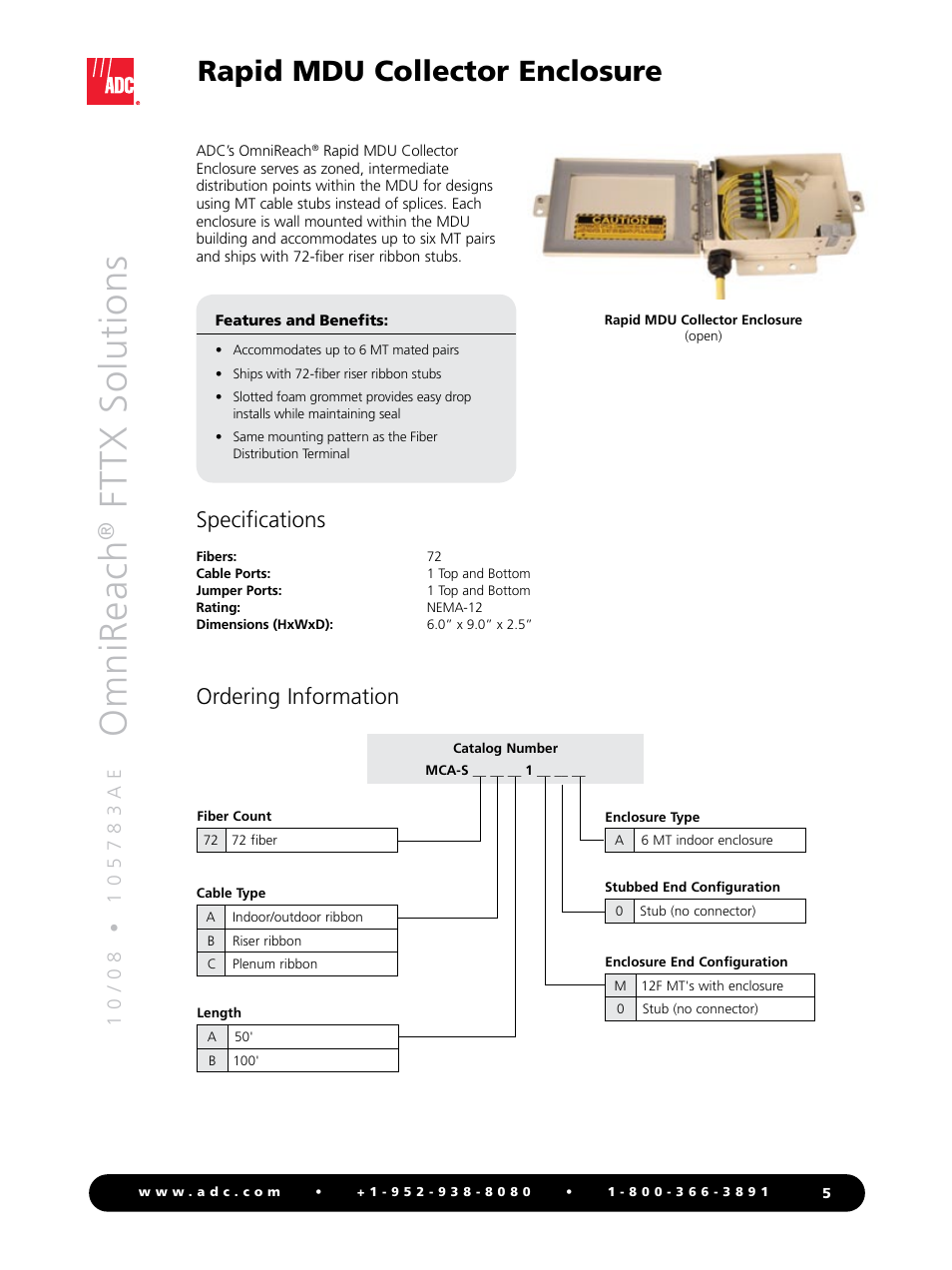 Omnireach, Fttx solutions, Rapid mdu collector enclosure | Specifications ordering information | ADC OmniReach MDU Rapid Fiber System User Manual | Page 5 / 8