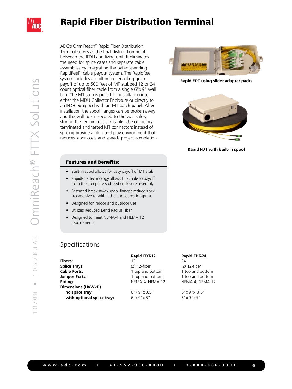 Omnireach, Fttx solutions, Rapid fiber distribution terminal | Specifications | ADC OmniReach MDU Rapid Fiber System User Manual | Page 6 / 8