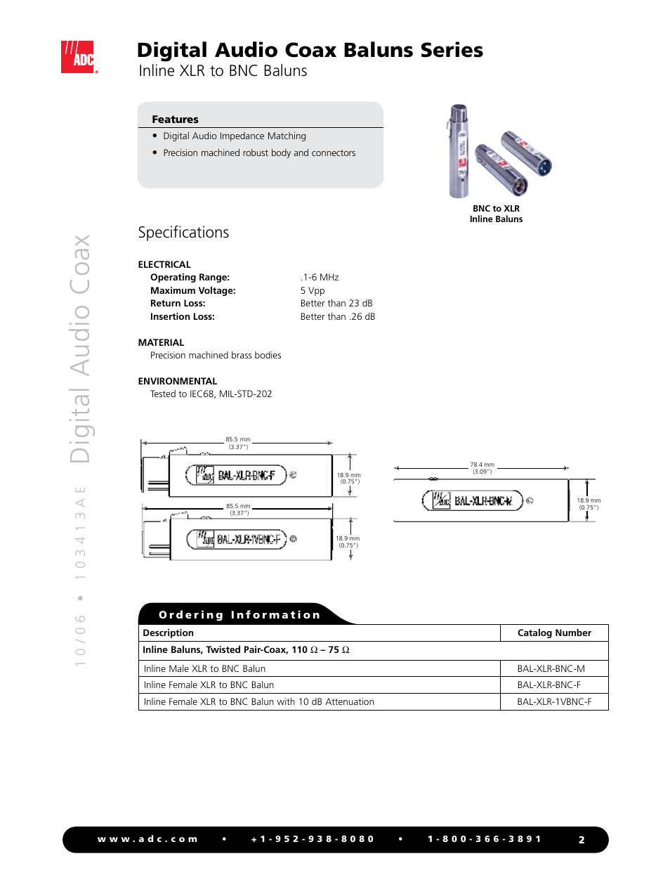 Digital audio coax baluns series, Inline xlr to bnc baluns, Specifications | ADC Baluns Series User Manual | Page 2 / 5