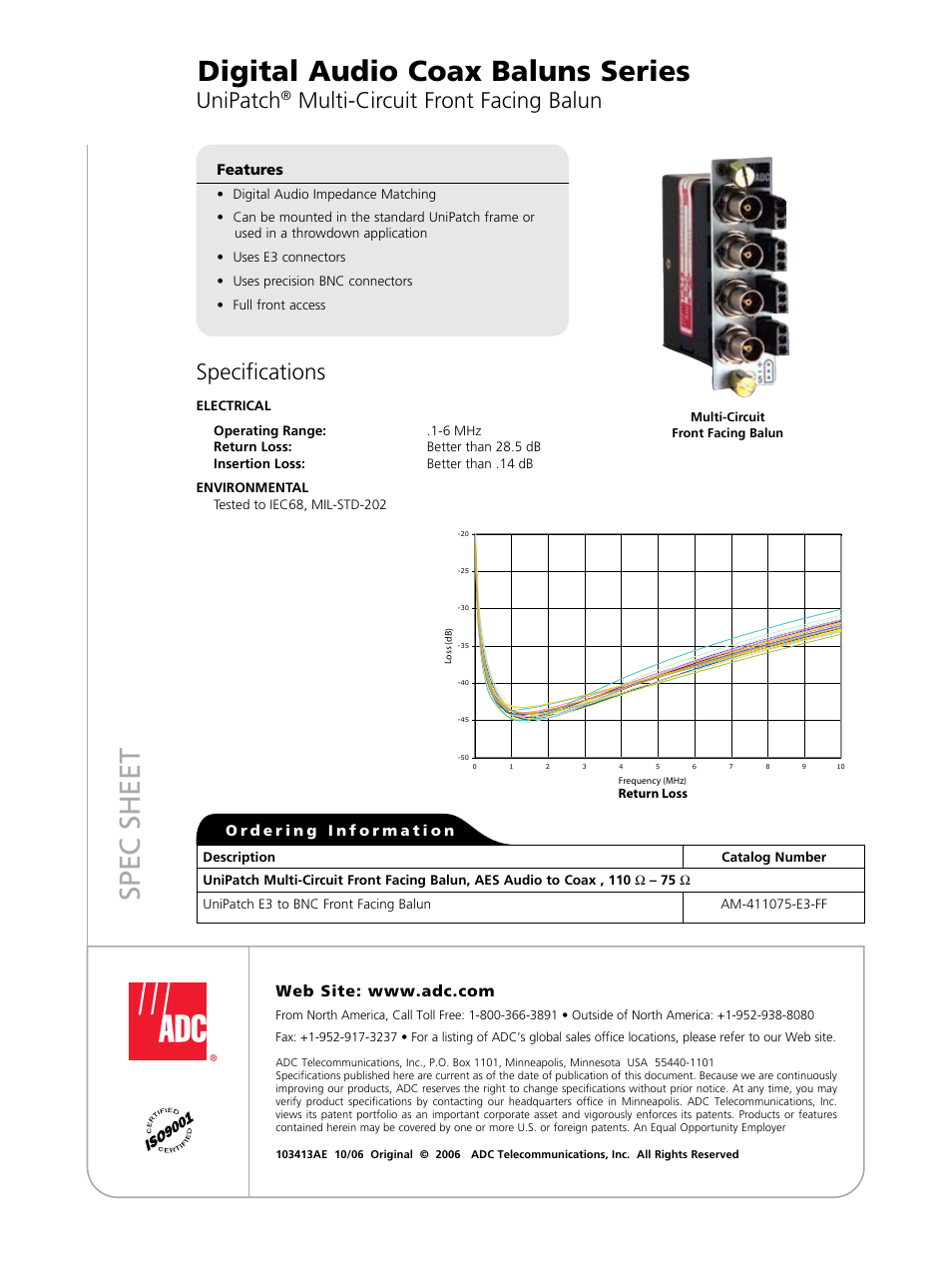 Sp ec s h ee t, Digital audio coax baluns series, Specifications | Unipatch, Multi-circuit front facing balun | ADC Baluns Series User Manual | Page 5 / 5