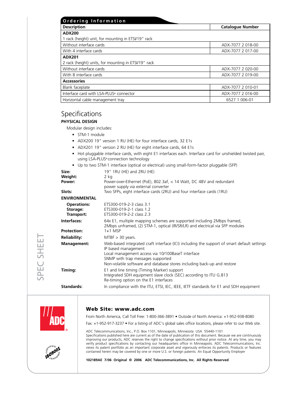 Sp ec s h ee t, Specifications | ADC ADX Active Digital Cross-Connect ADX201 User Manual | Page 2 / 2