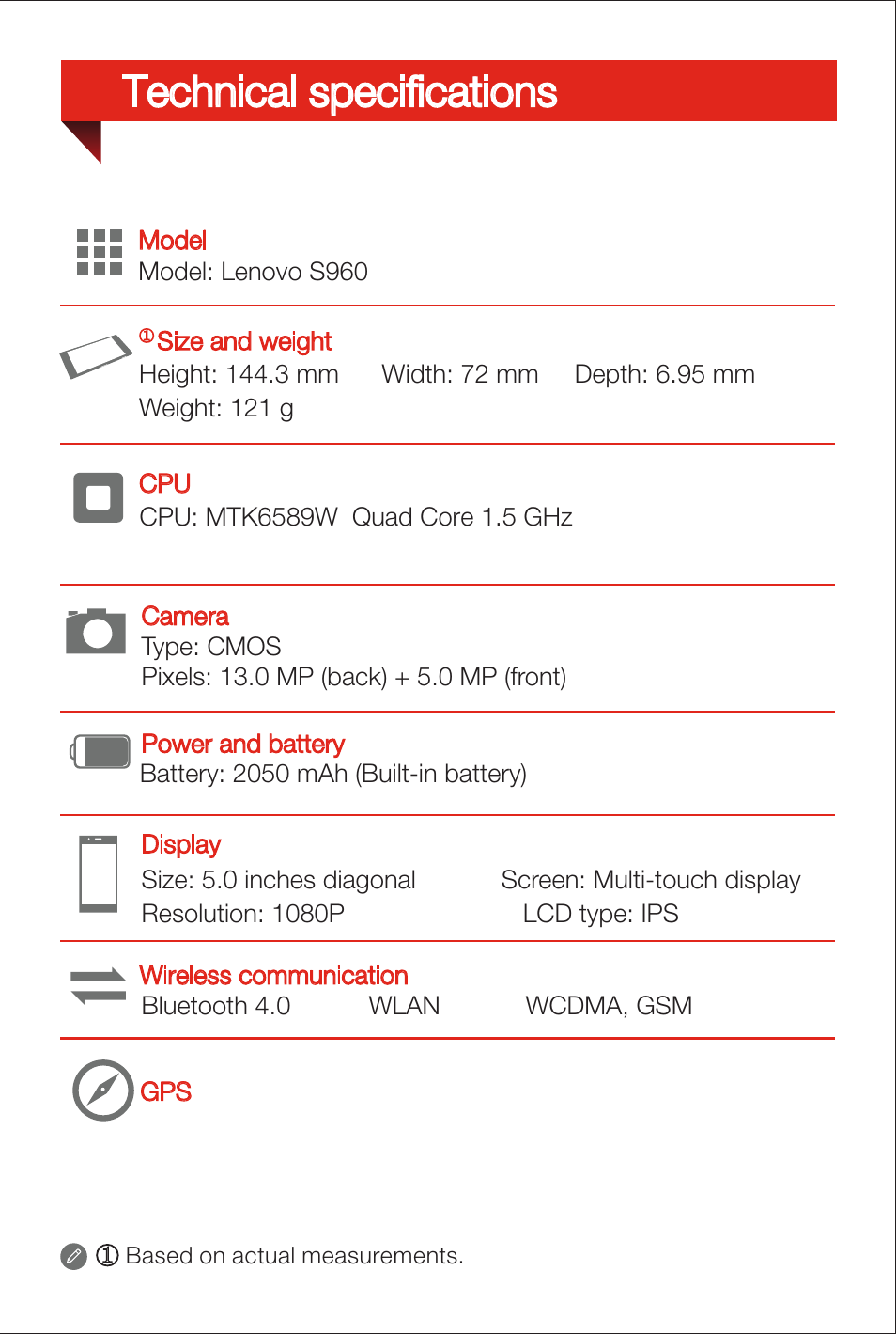 Technical specifications | Lenovo S960 Smartphone User Manual | Page 2 / 6