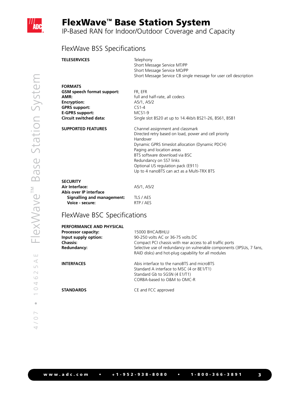 Fl ex w av e, Bas e st at io n s ys te m, Flexwave | Base station system, Flexwave bss specifications, Flexwave bsc specifications | ADC Universal Radio Head FlexWave User Manual | Page 3 / 4