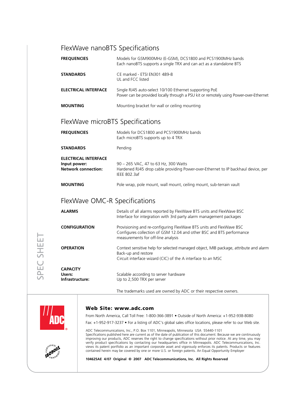 Sp ec s h ee t, Flexwave nanobts specifications, Flexwave microbts specifications | Flexwave omc-r specifications | ADC Universal Radio Head FlexWave User Manual | Page 4 / 4