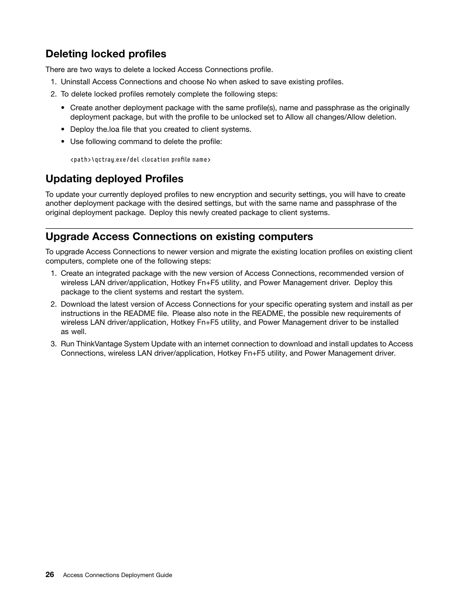 Deleting locked profiles, Updating deployed profiles, Upgrade access connections on existing computers | Lenovo ThinkVantage Access Connections User Manual | Page 30 / 42