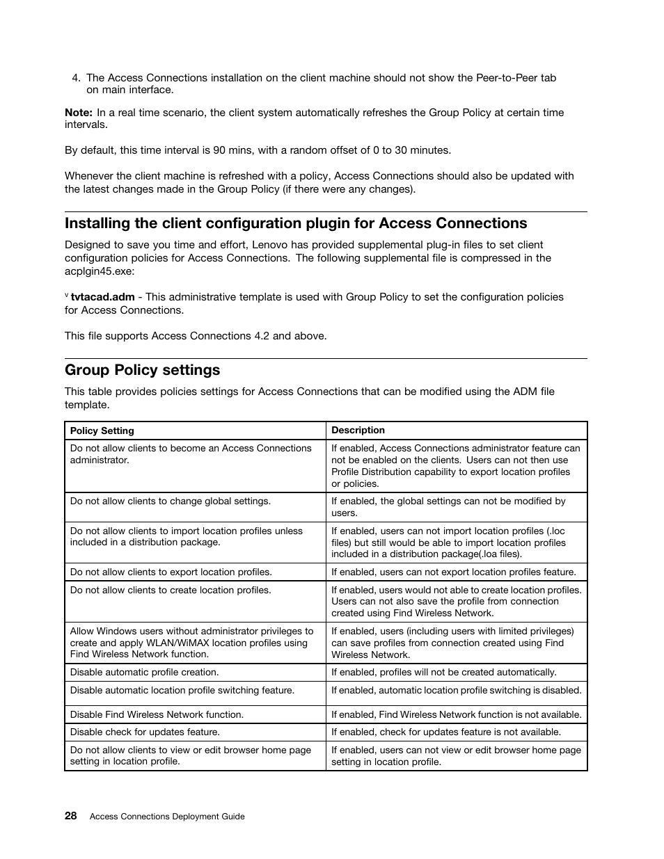 Group policy settings | Lenovo ThinkVantage Access Connections User Manual | Page 32 / 42