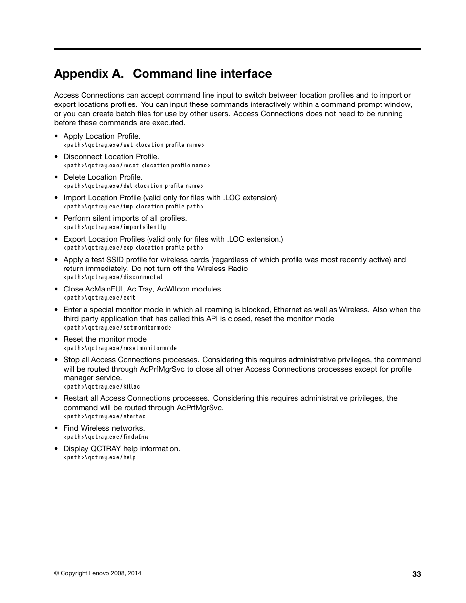 Appendix a. command line interface | Lenovo ThinkVantage Access Connections User Manual | Page 37 / 42