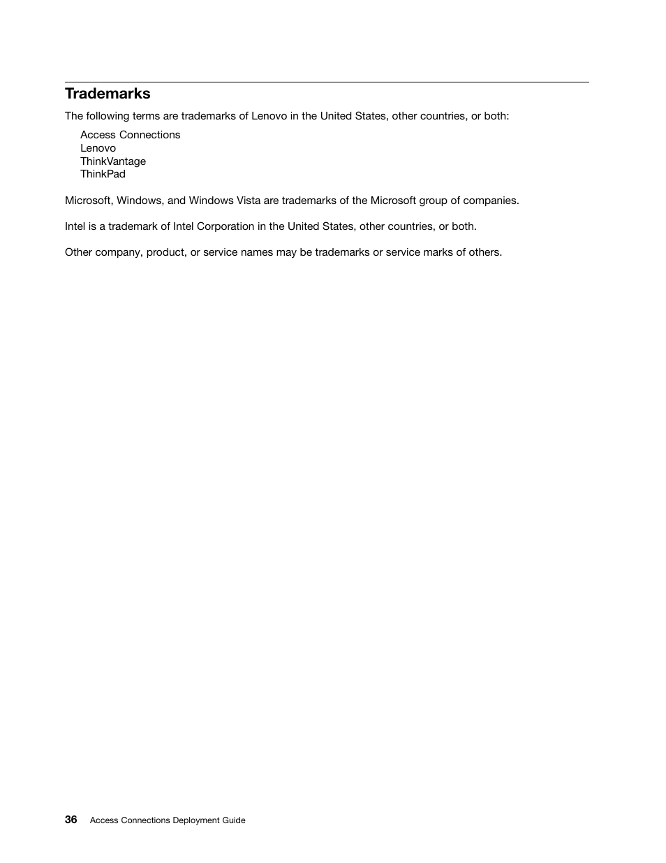 Trademarks | Lenovo ThinkVantage Access Connections User Manual | Page 40 / 42