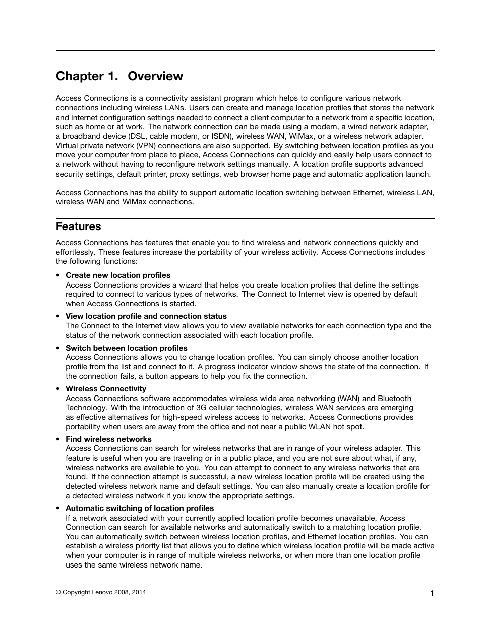 Chapter 1. overview, Features | Lenovo ThinkVantage Access Connections User Manual | Page 5 / 42