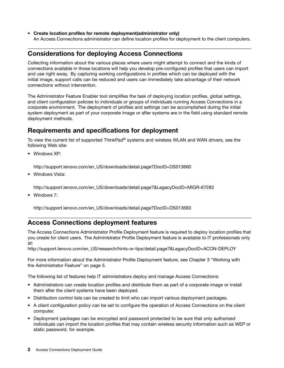 Considerations for deploying access connections, Requirements and specifications for deployment, Access connections deployment features | Lenovo ThinkVantage Access Connections User Manual | Page 6 / 42