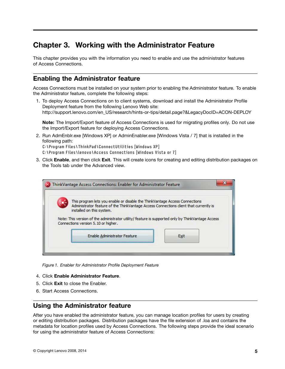 Chapter 3. working with the administrator feature, Enabling the administrator feature, Using the administrator feature | Lenovo ThinkVantage Access Connections User Manual | Page 9 / 42
