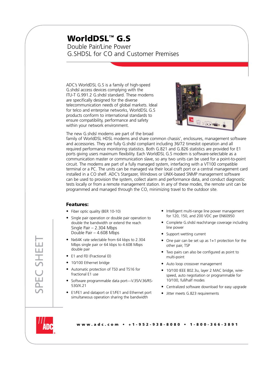 ADC Double Pair/Line Power G.SHDSL WorldDSL G.S User Manual | 4 pages