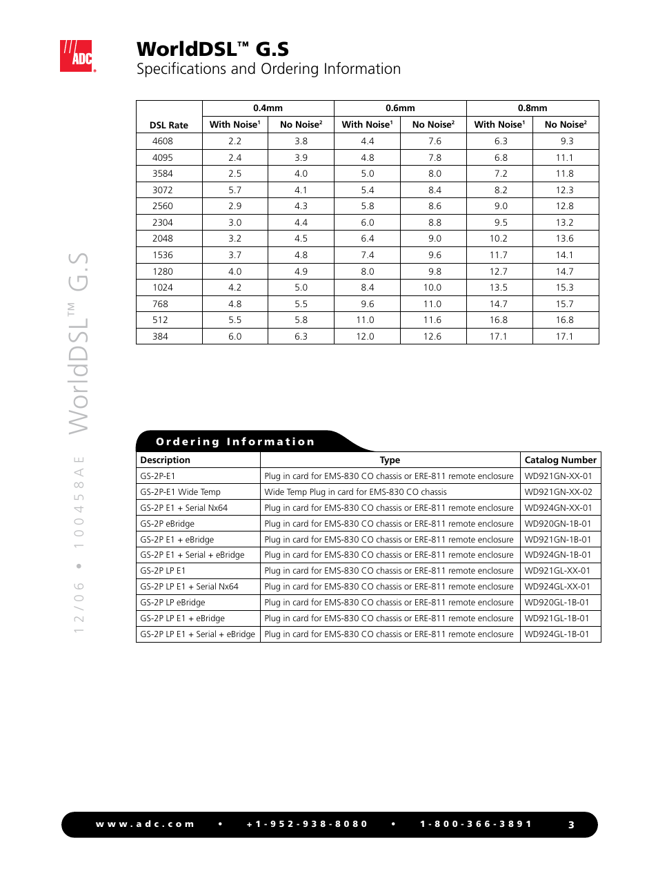 Wo rl d d sl, Worlddsl, Specifications and ordering information | ADC Double Pair/Line Power G.SHDSL WorldDSL G.S User Manual | Page 3 / 4