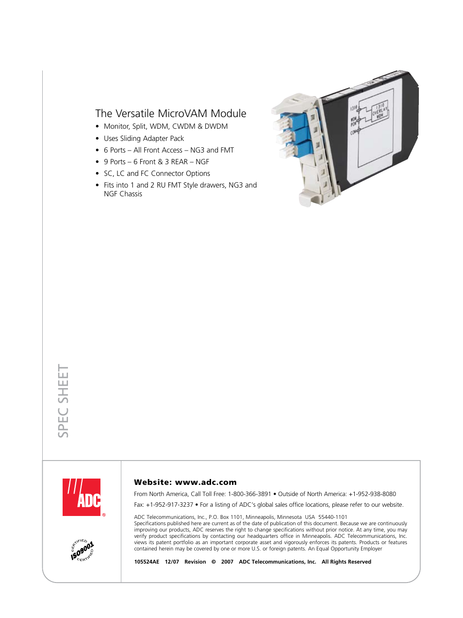 Spec sheet, The versatile microvam module | ADC FMT Drawers Featuring MicroVAM Modules User Manual | Page 4 / 4