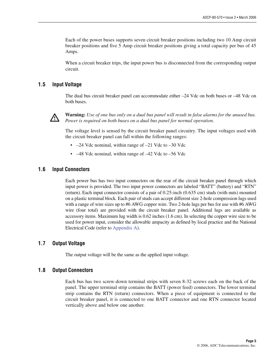 5 input voltage, 6 input connectors, 7 output voltage | 8 output connectors, Input voltage, Input connectors, Output voltage, Output connectors | ADC PowerWorx Circuit Breaker Panel With Reset Switch User Manual | Page 11 / 40