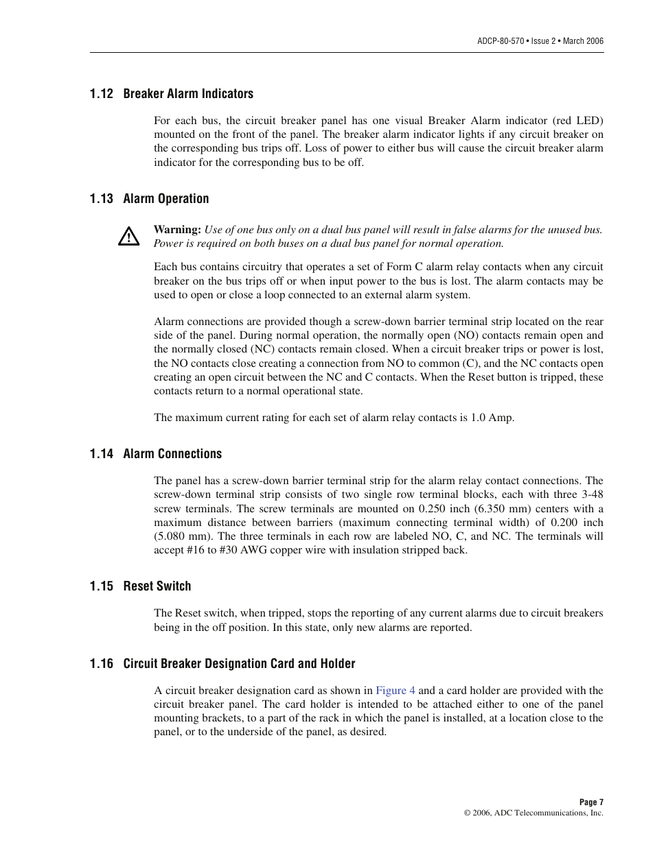 12 breaker alarm indicators, 13 alarm operation, 14 alarm connections | 15 reset switch, 16 circuit breaker designation card and holder | ADC PowerWorx Circuit Breaker Panel With Reset Switch User Manual | Page 13 / 40