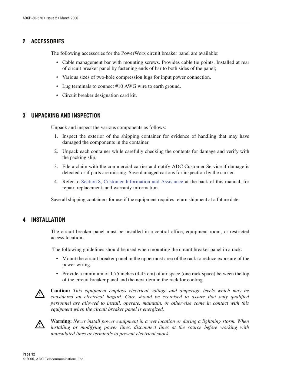2 accessories, 3 unpacking and inspection, 4 installation | Accessories, Unpacking and inspection, Installation | ADC PowerWorx Circuit Breaker Panel With Reset Switch User Manual | Page 18 / 40