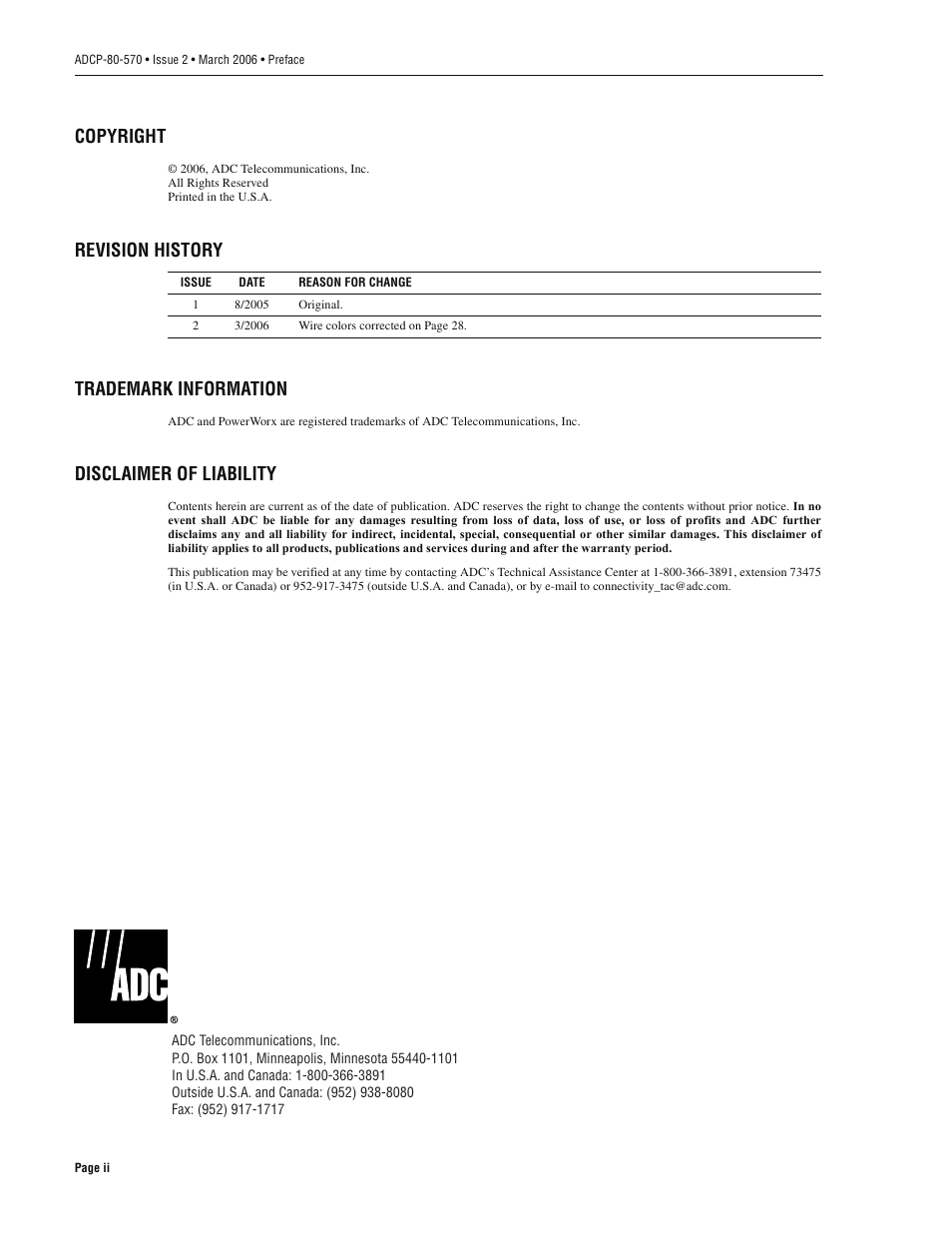 Copyright, revision history,trademarks, Copyright, Revision history trademark information | Disclaimer of liability | ADC PowerWorx Circuit Breaker Panel With Reset Switch User Manual | Page 2 / 40