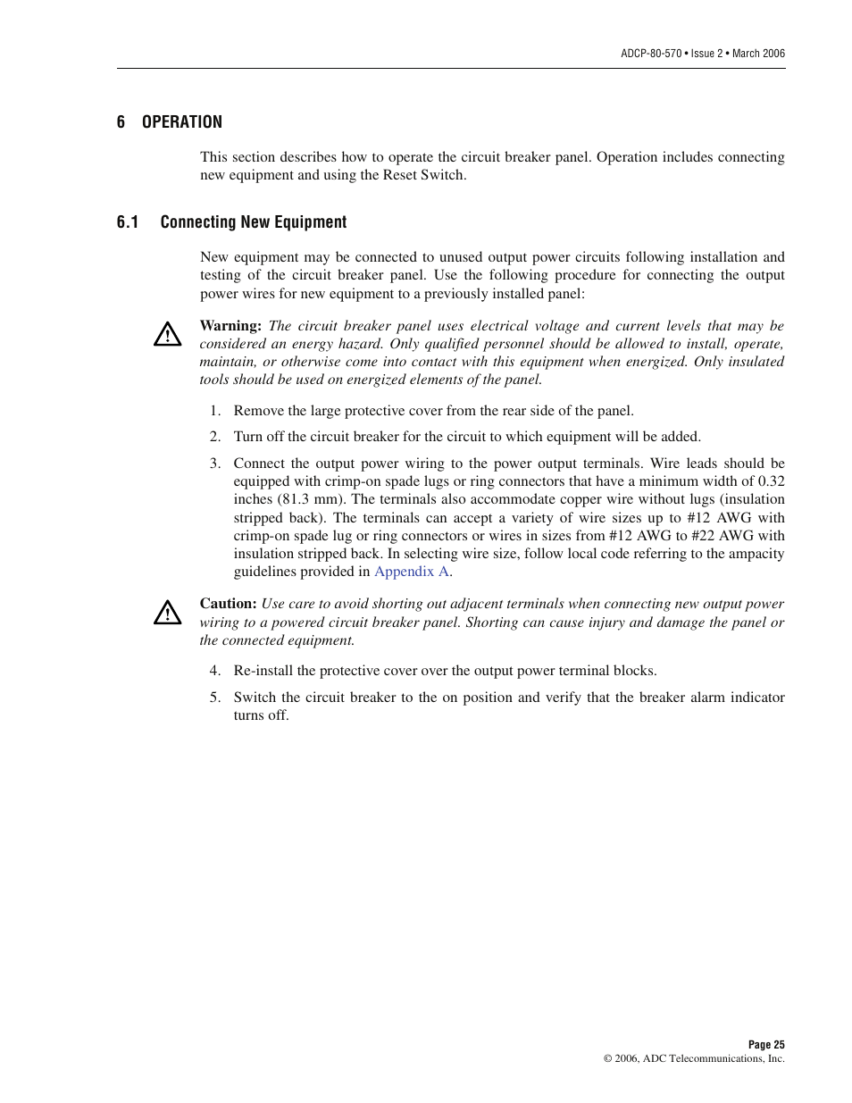 6 operation, 1 connecting new equipment, Operation | Connecting new equipment | ADC PowerWorx Circuit Breaker Panel With Reset Switch User Manual | Page 31 / 40