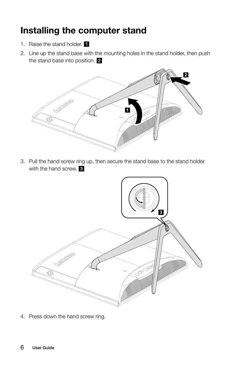 Installing the computer stand | Lenovo C355 All-in-One User Manual | Page 11 / 53