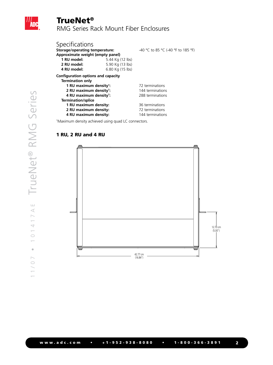 Truenet, Rmg series, Rmg series rack mount fiber enclosures | Specifications | ADC TrueNet Rack Mount Fiber Enclosures RMG Series User Manual | Page 2 / 8