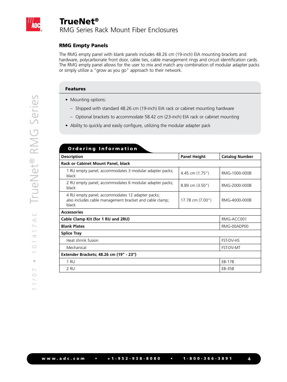 Truenet, Rmg series, Rmg series rack mount fiber enclosures | ADC TrueNet Rack Mount Fiber Enclosures RMG Series User Manual | Page 4 / 8