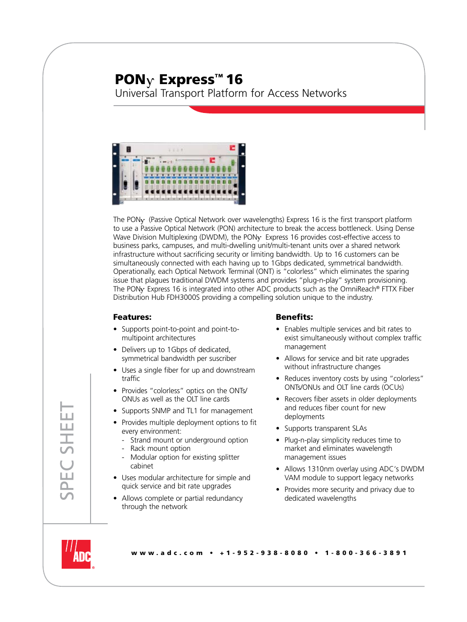 ADC Universal Transport Platform for Access Networks PONy Express 16 User Manual | 4 pages