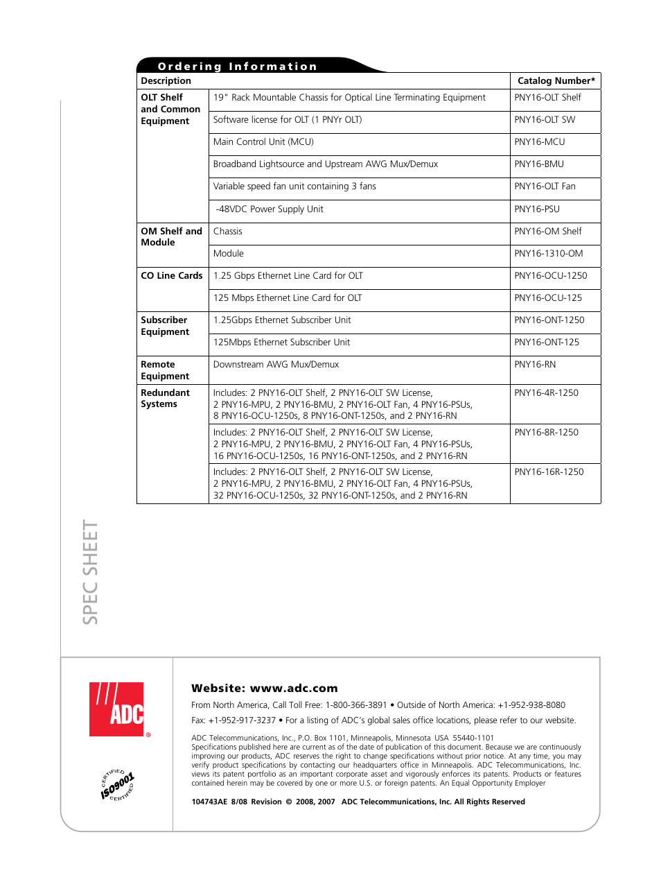 Spec sheet | ADC Universal Transport Platform for Access Networks PONy Express 16 User Manual | Page 4 / 4