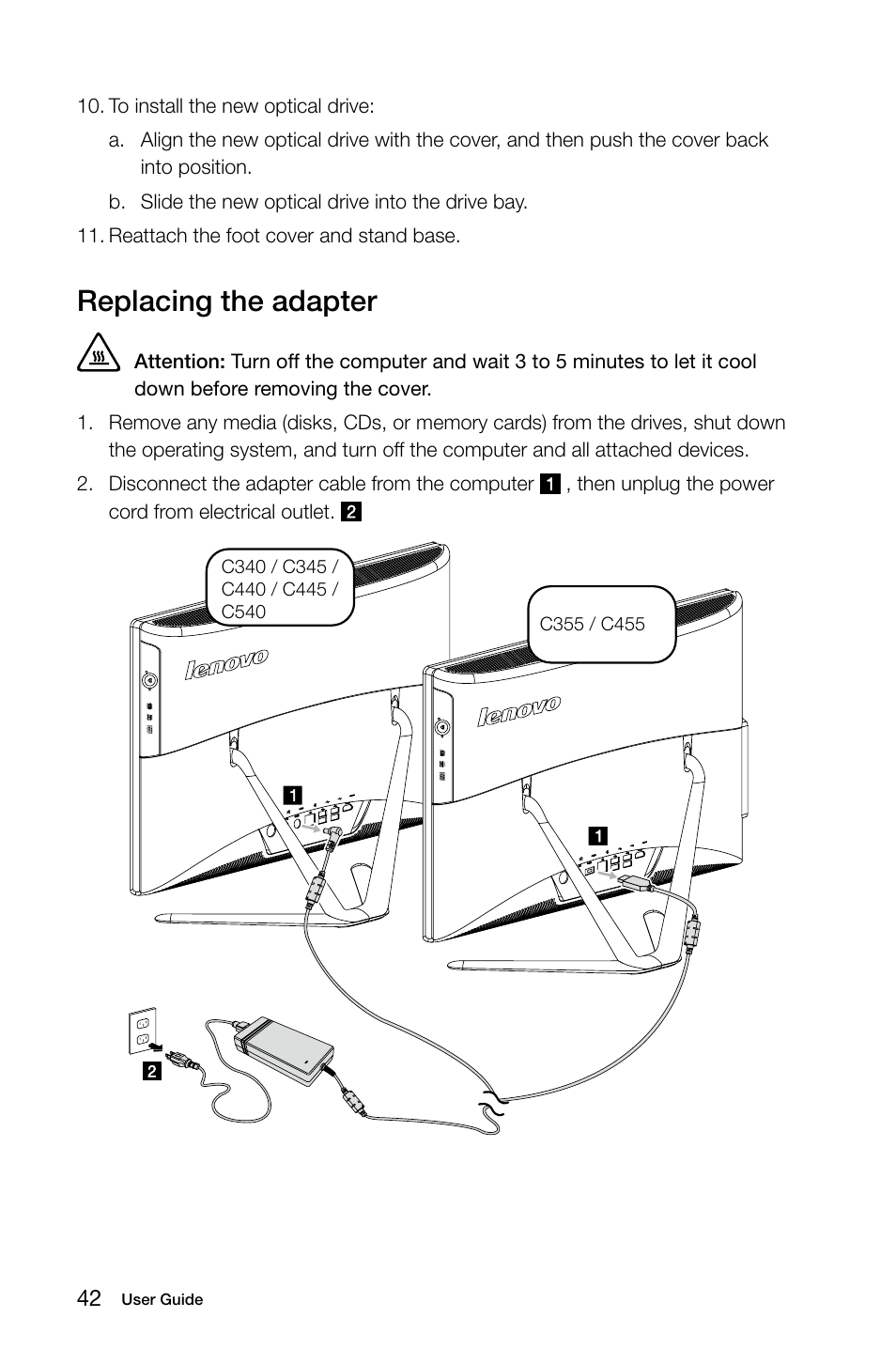Replacing the adapter | Lenovo C455 All-in-One User Manual | Page 47 / 53