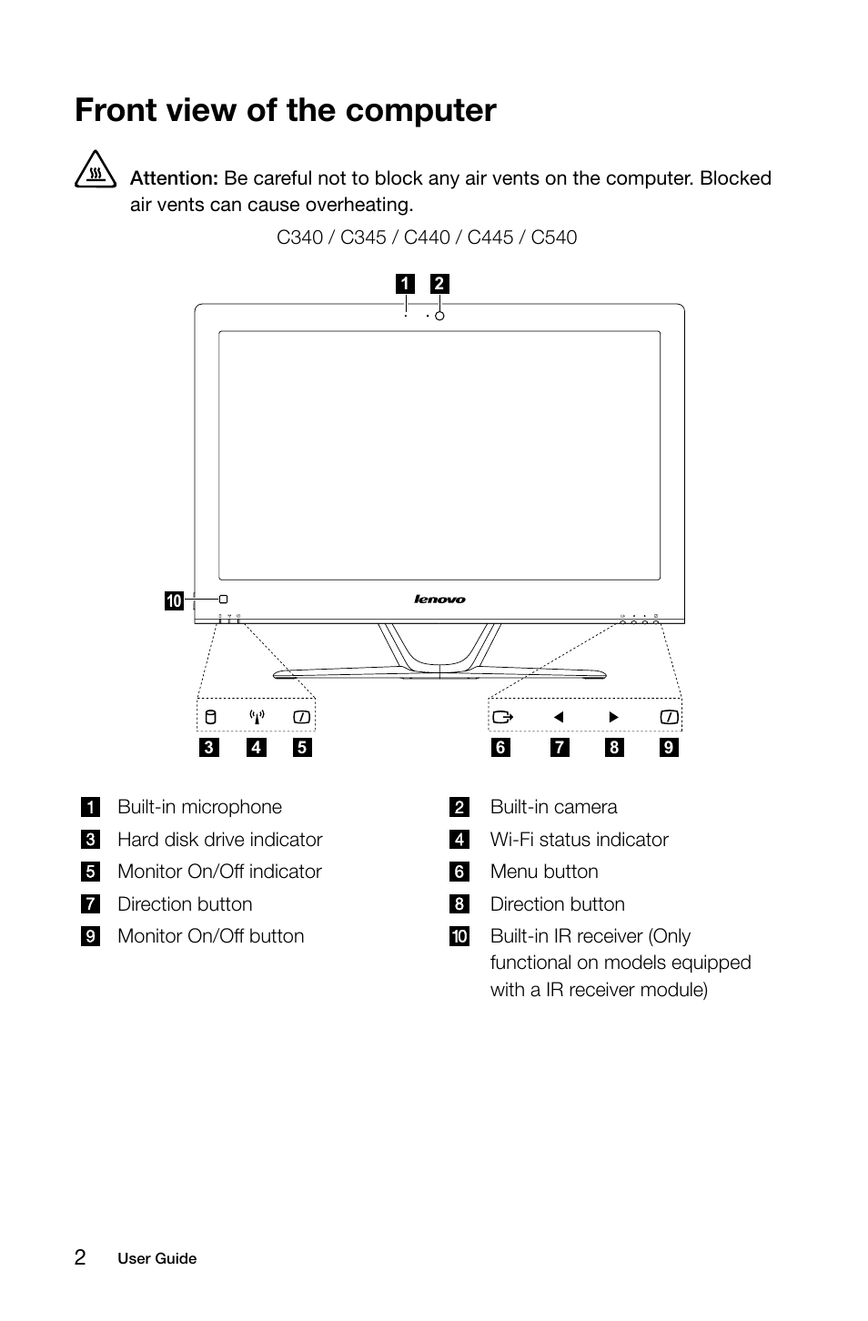 Front view of the computer | Lenovo C455 All-in-One User Manual | Page 7 / 53