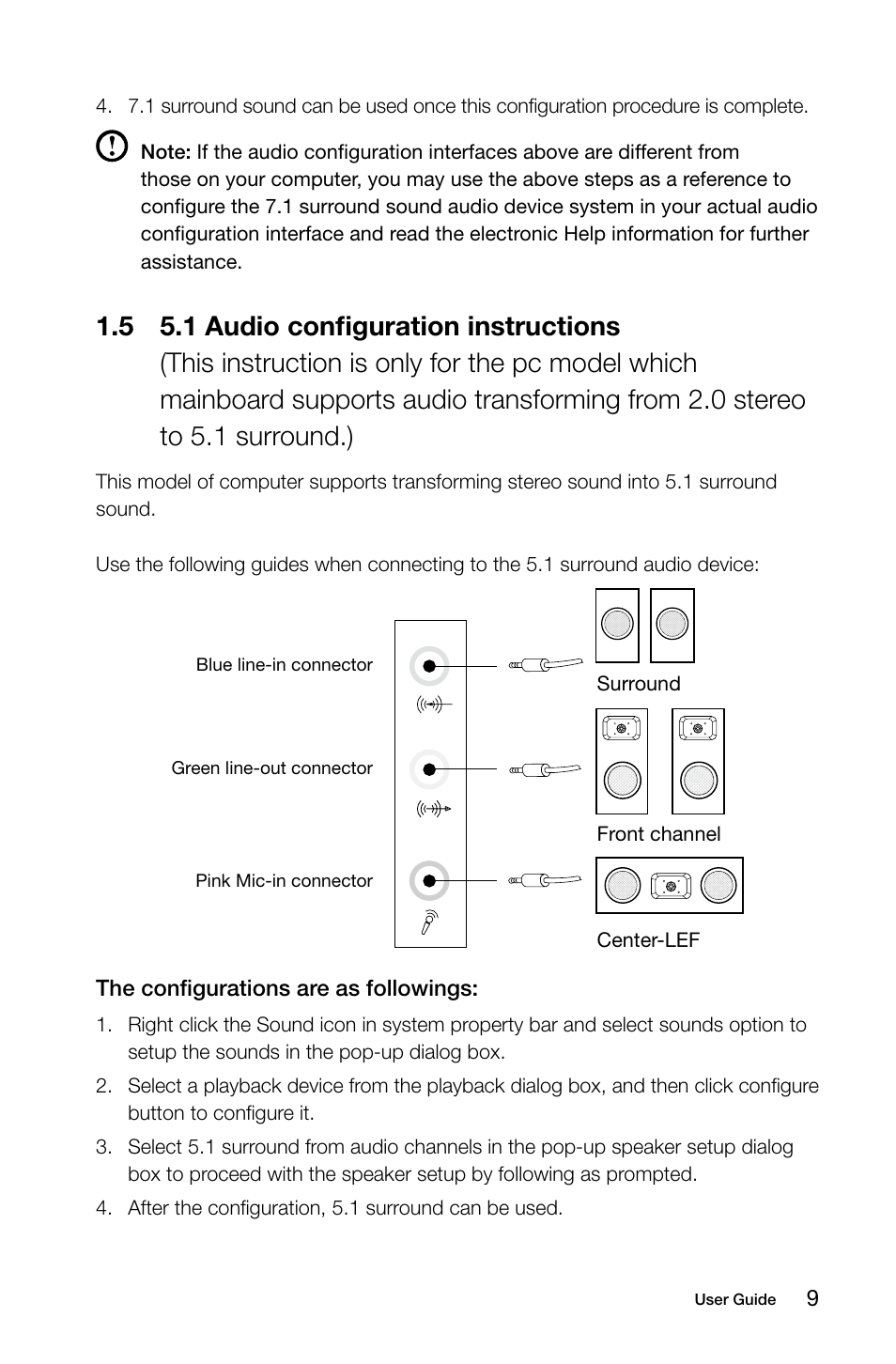 5 5.1 audio configuration instructions | Lenovo IdeaCentre K430 User Manual | Page 14 / 57