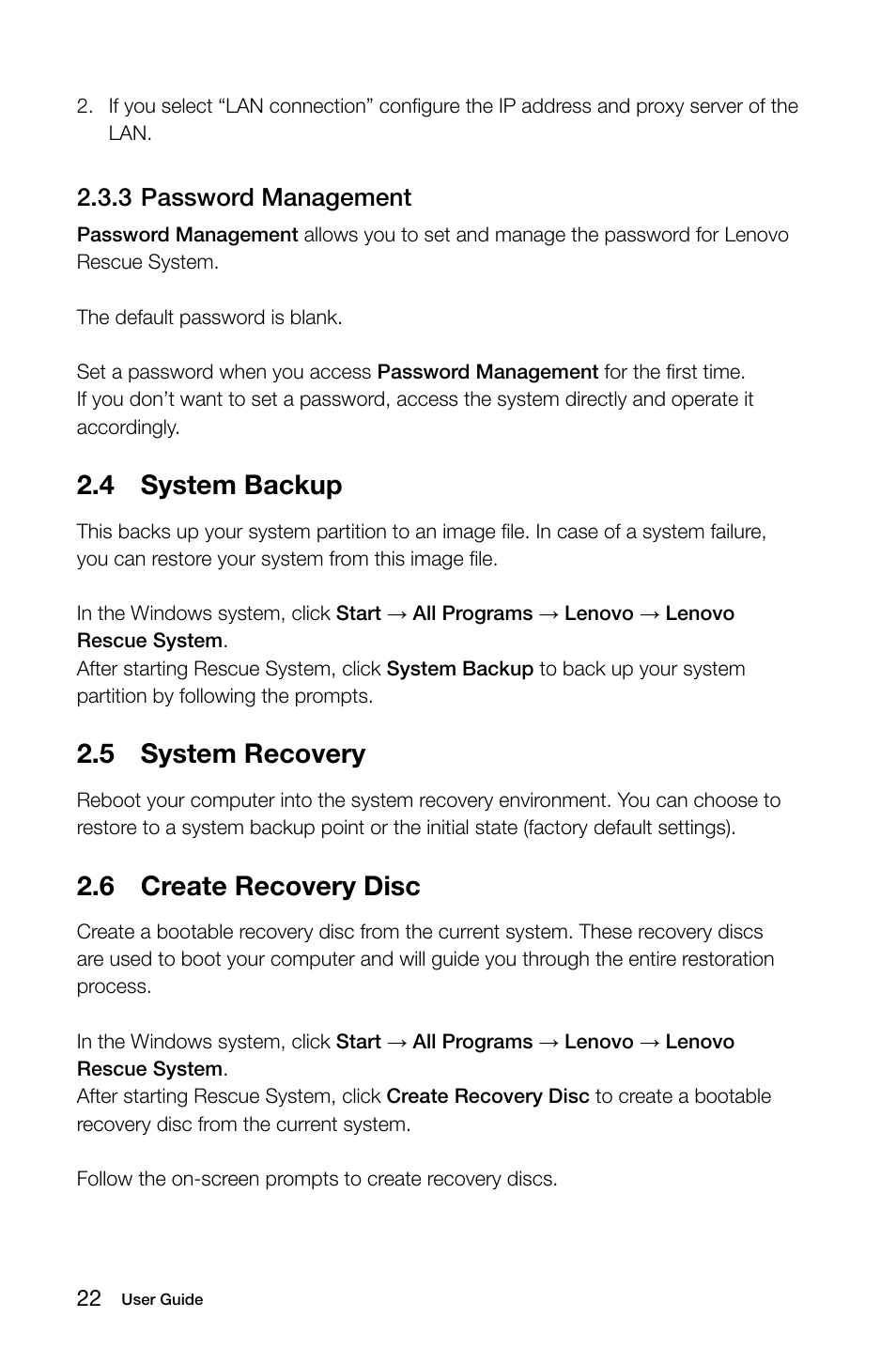 4 system backup, 5 system recovery, 6 create recovery disc | 3 password management | Lenovo IdeaCentre K430 User Manual | Page 27 / 57