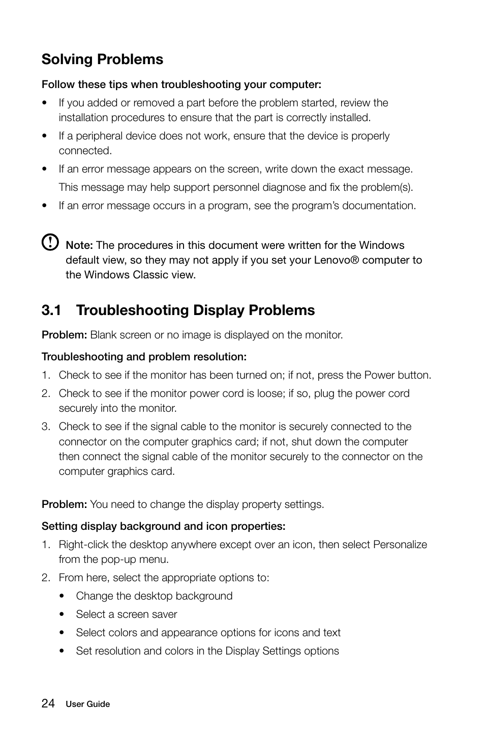 1 troubleshooting display problems, Solving problems | Lenovo IdeaCentre K430 User Manual | Page 29 / 57