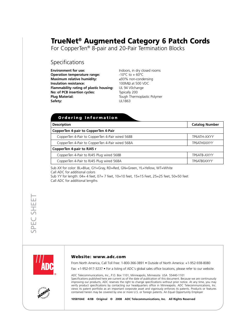 Spec sheet truenet, Augmented category 6 patch cords, For copperten | Pair and 20-pair termination blocks specifications | ADC TrueNet Augmented Category 6 Patch Cords User Manual | Page 2 / 2