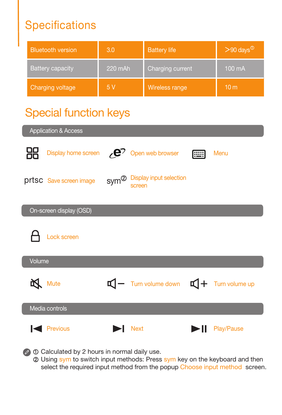 Alex manual rev1.0(us)-3, Special function keys, Specifications | Prtsc sym | Lenovo A10-70 Tablet User Manual | Page 3 / 6