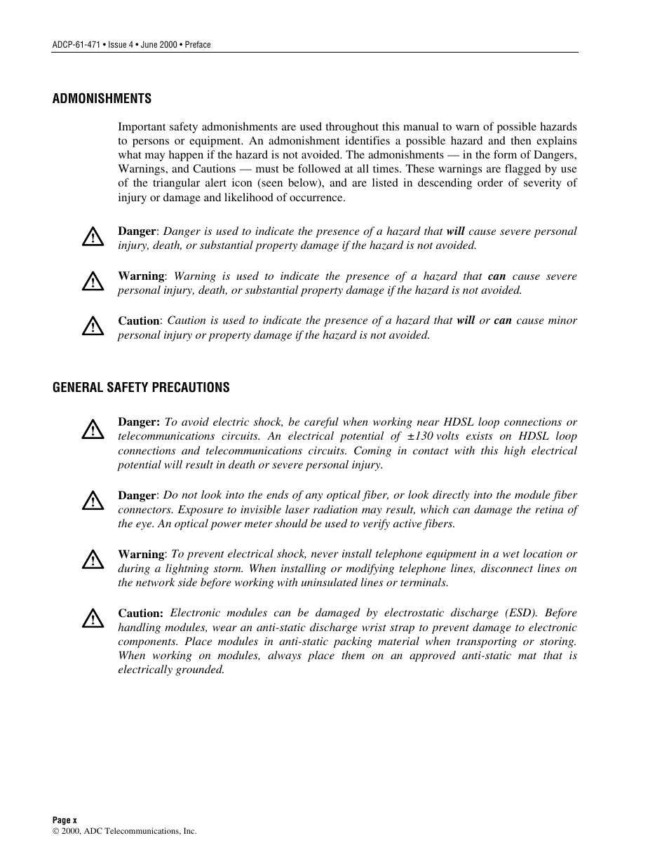 Admonishments, General safety precautions | ADC Soneplex Broadband System User Manual | Page 10 / 342