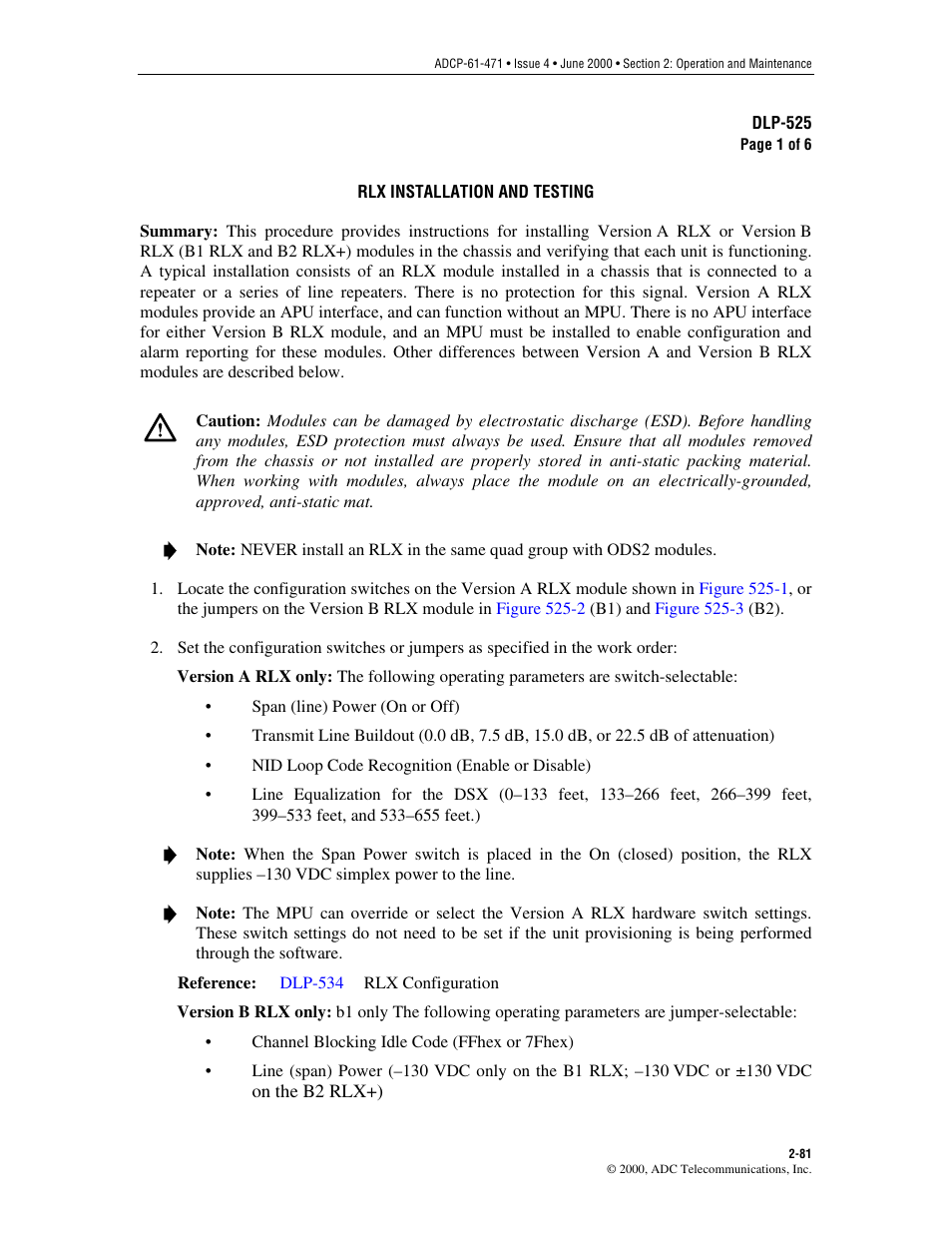 Rlx installation and testing, Dlp-525 | ADC Soneplex Broadband System User Manual | Page 104 / 342