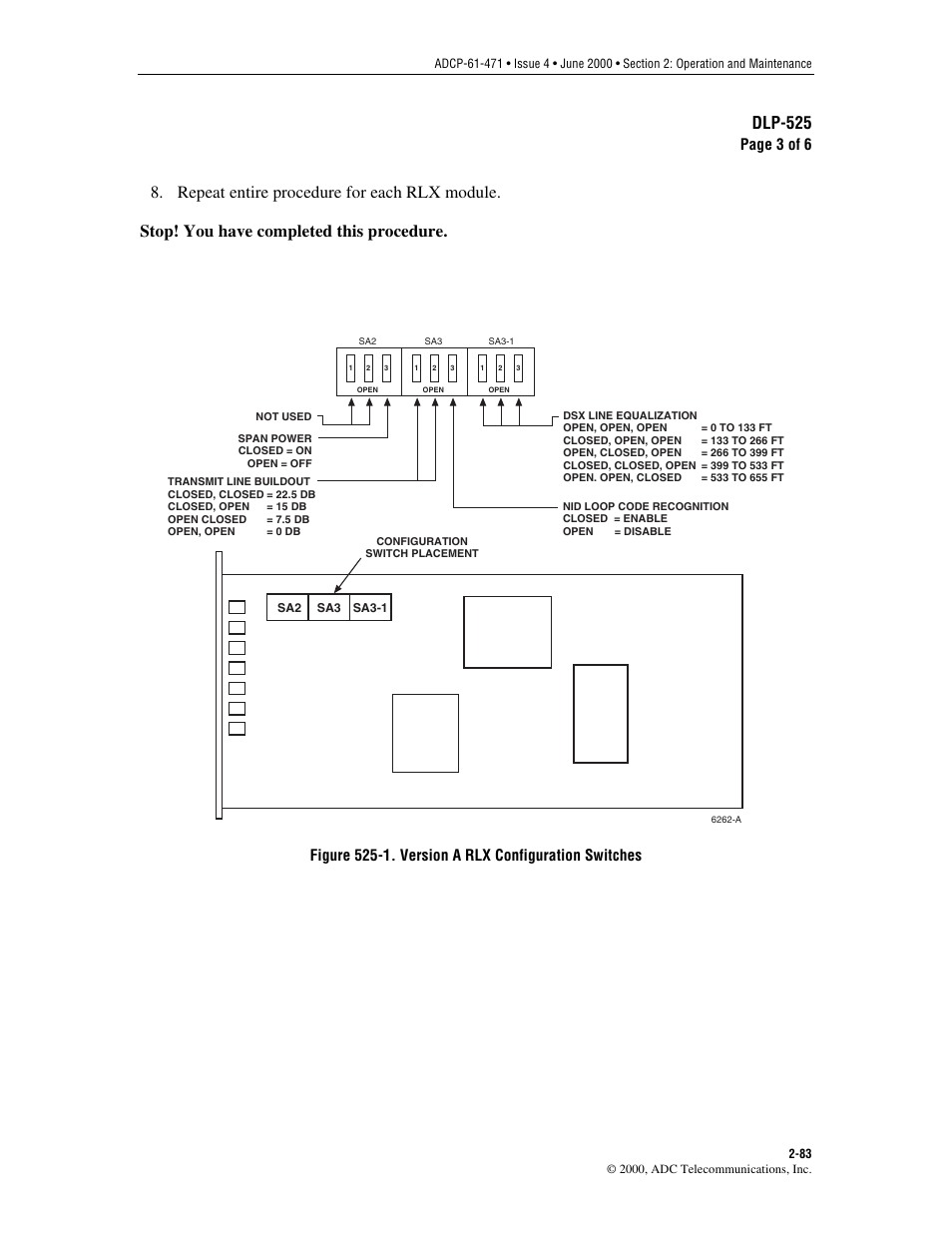 Figure 525-1, Dlp-525, Page 3 of 6 | Figure 525-1. version a rlx configuration switches | ADC Soneplex Broadband System User Manual | Page 106 / 342