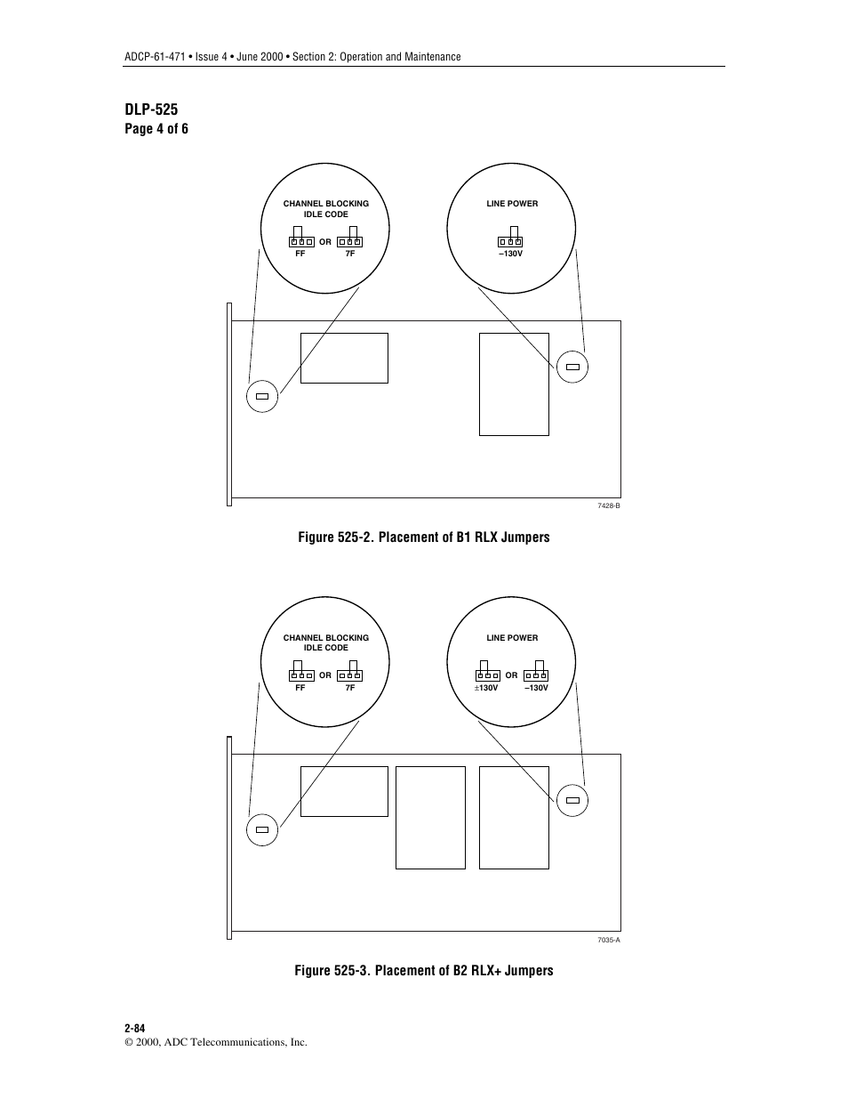 The jumpers on the version b rlx module in, Figure 525-2, Figure 525-3 | Dlp-525, Page 4 of 6 | ADC Soneplex Broadband System User Manual | Page 107 / 342