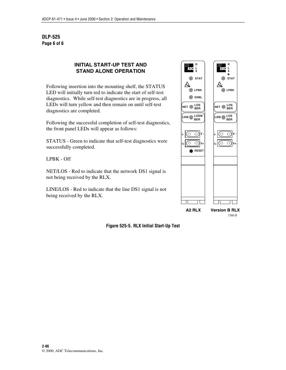 N in, Figure 525-5, Dlp-525 | Page 6 of 6, Figure 525-5. rlx initial start-up test | ADC Soneplex Broadband System User Manual | Page 109 / 342