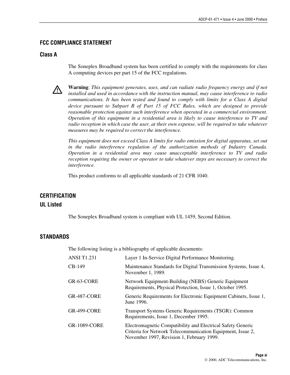 Fcc compliance statement, Certification, Standards | ADC Soneplex Broadband System User Manual | Page 11 / 342