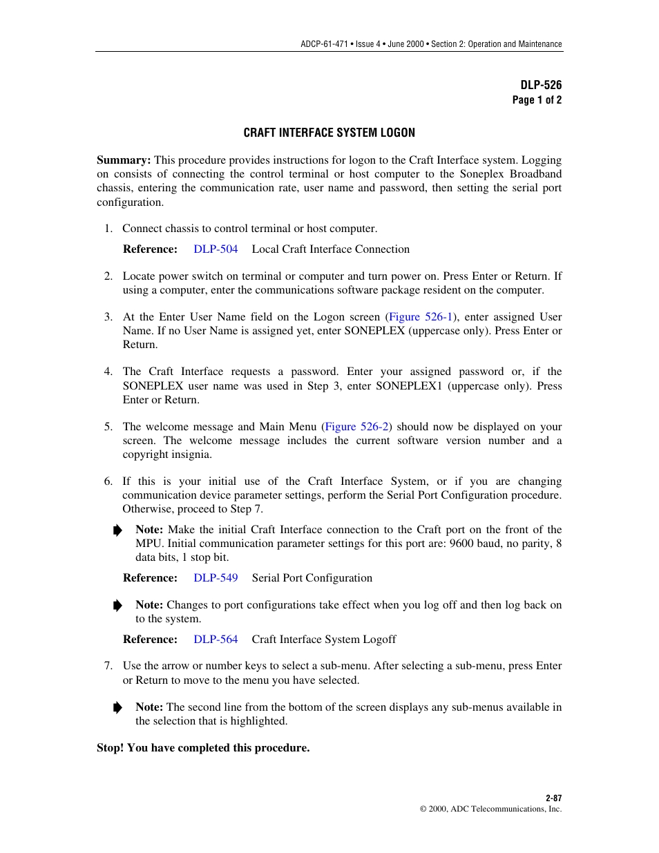 Craft interface system logon, Dlp-526 | ADC Soneplex Broadband System User Manual | Page 110 / 342