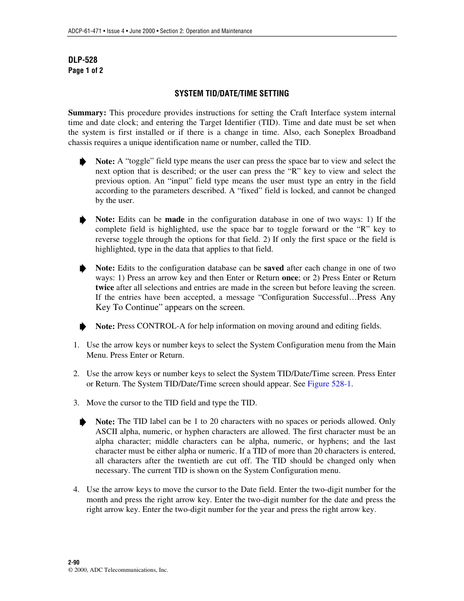 System tid/date/time setting, Dlp-528 | ADC Soneplex Broadband System User Manual | Page 113 / 342