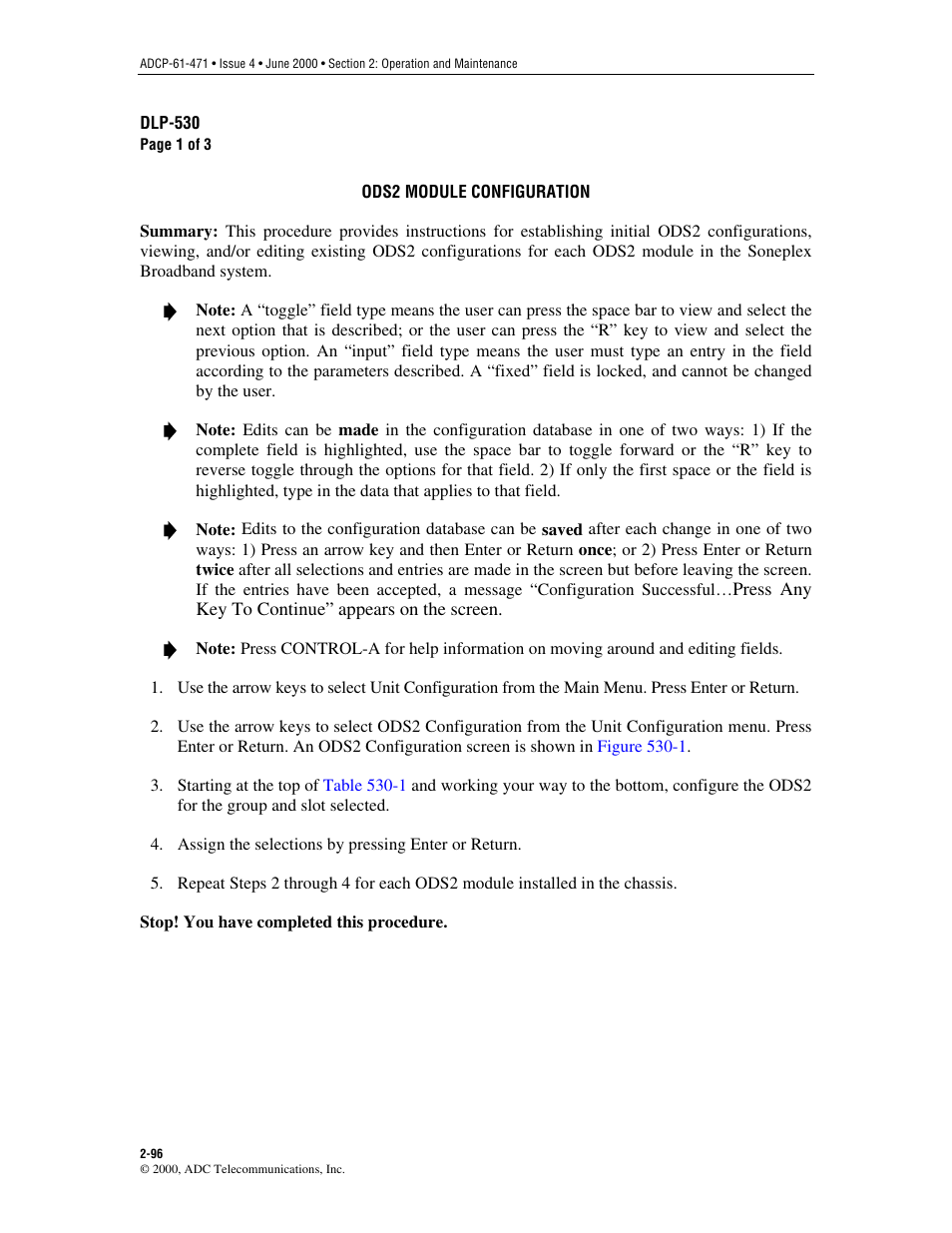 Ods2 module configuration, Dlp-530 | ADC Soneplex Broadband System User Manual | Page 119 / 342