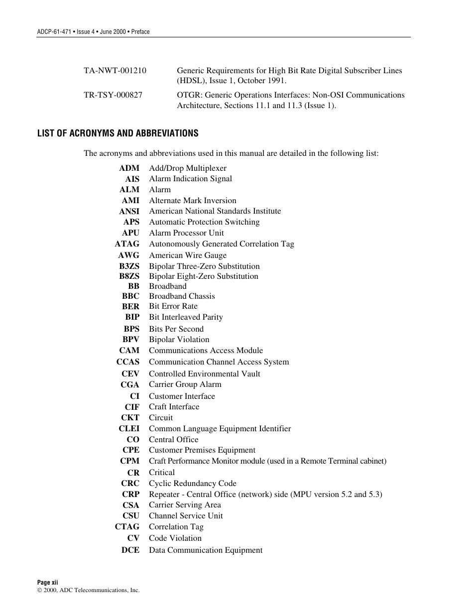 List of acronyms and abbreviations | ADC Soneplex Broadband System User Manual | Page 12 / 342