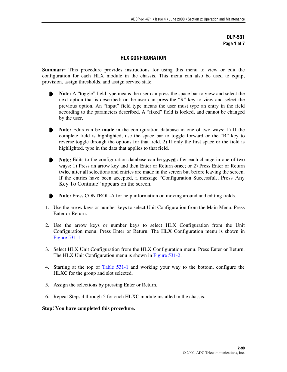 Hlx configuration, Dlp-531 | ADC Soneplex Broadband System User Manual | Page 122 / 342