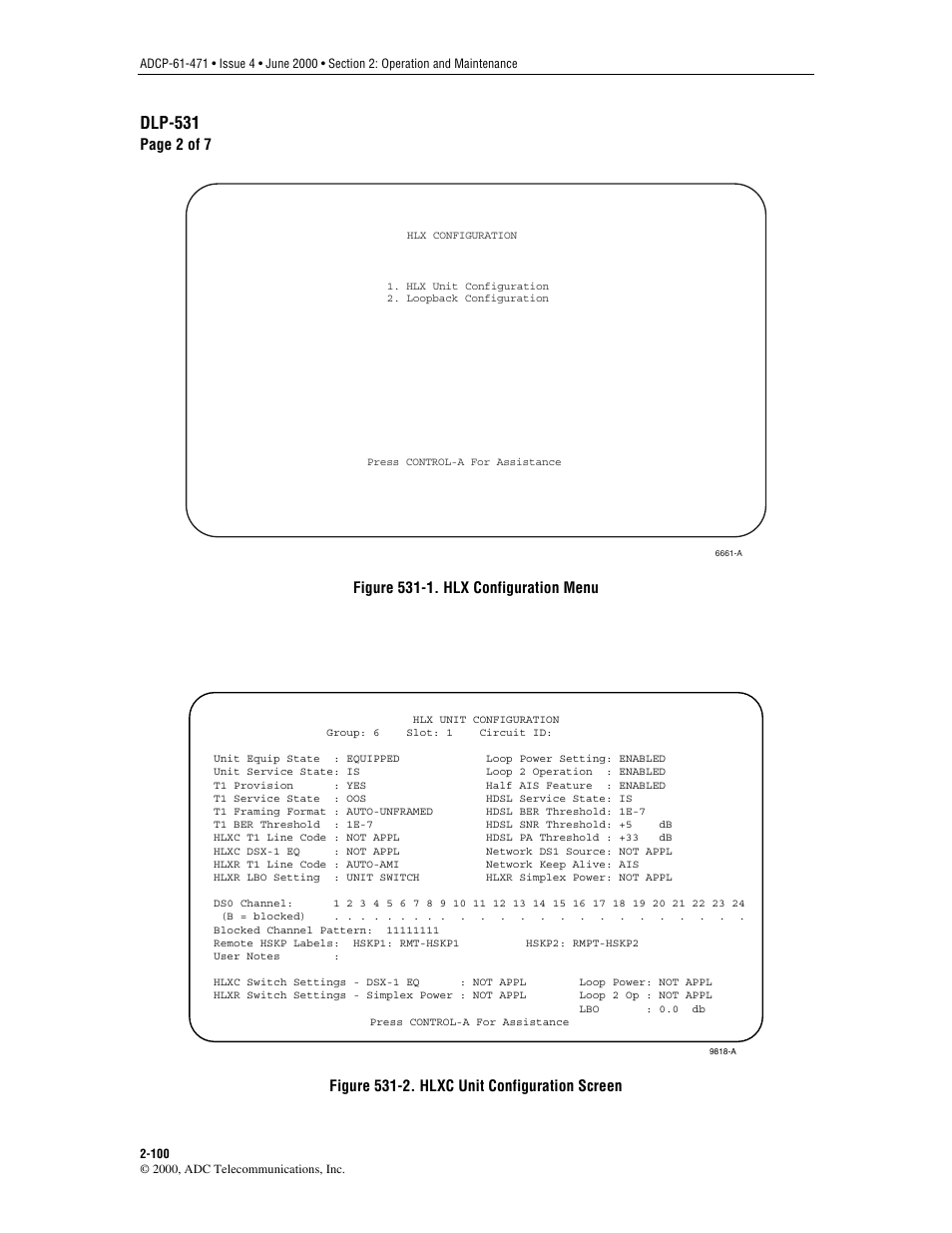 Figure 531-1, The hlx unit configuration menu is shown in, Figure 531-2 | Dlp-531, Page 2 of 7, Figure 531-1. hlx configuration menu, Figure 531-2. hlxc unit configuration screen | ADC Soneplex Broadband System User Manual | Page 123 / 342