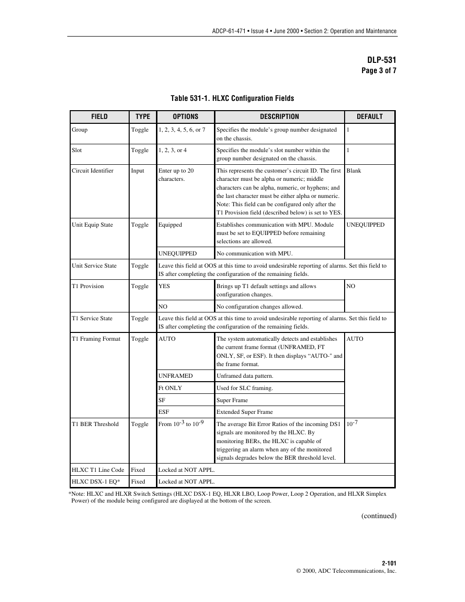 Table 531-1, Dlp-531 | ADC Soneplex Broadband System User Manual | Page 124 / 342