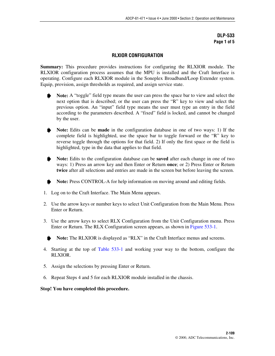 Rlxior configuration, Dlp-533 | ADC Soneplex Broadband System User Manual | Page 132 / 342